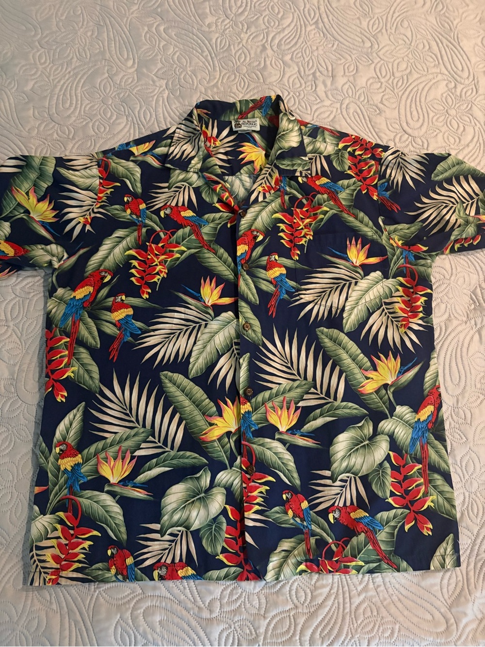 Vintage Aloha Republic Hawaiian Shirt Mens Button Down Parrots Floral